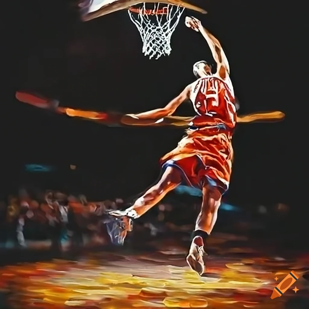 An impressive oil painting of a basketball player in middunk on Craiyon