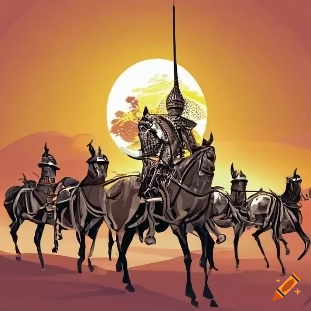 Group of knights on horseback riding into the golden sunset on Craiyon