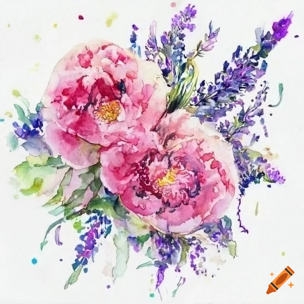 Watercolor painting of bouquet of delicate pink peonies and some ...