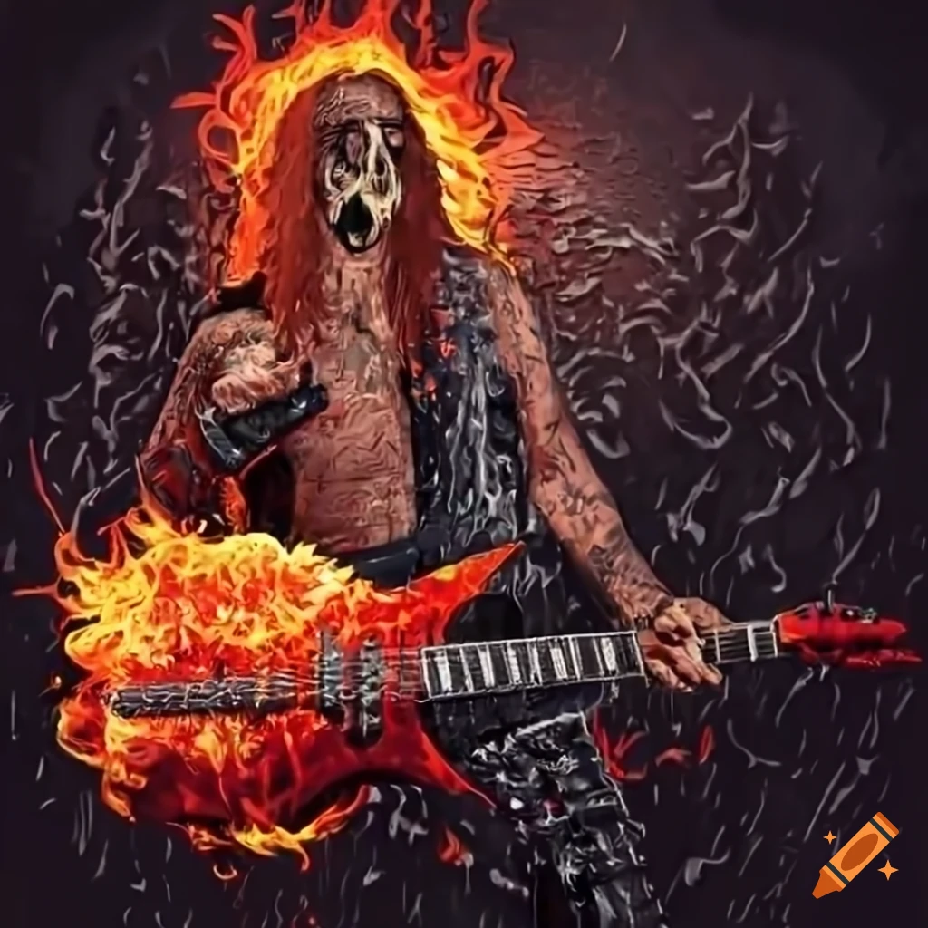 A heavy metal guitarist with a flaming skull for a head playing in the  pouring rain on Craiyon