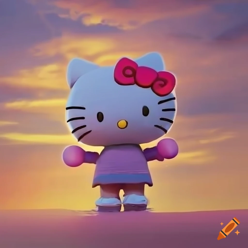 Hello kitty standing in front of a sunset background on Craiyon