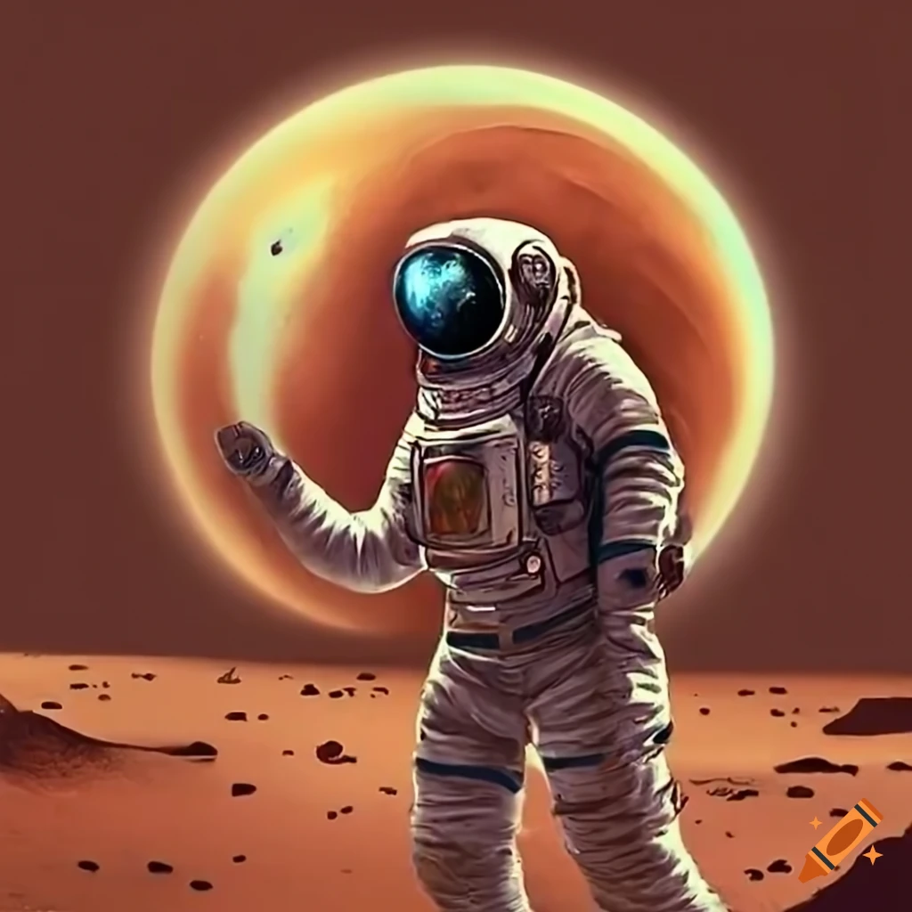 An artistic rendition of a astronaut exploring the martian landscape on ...