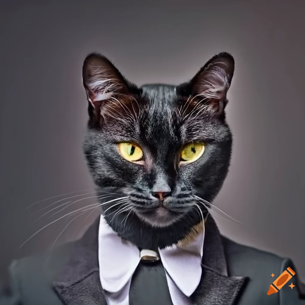 A black cat with bright yellow eyes wearing a butler uniform, bright ...