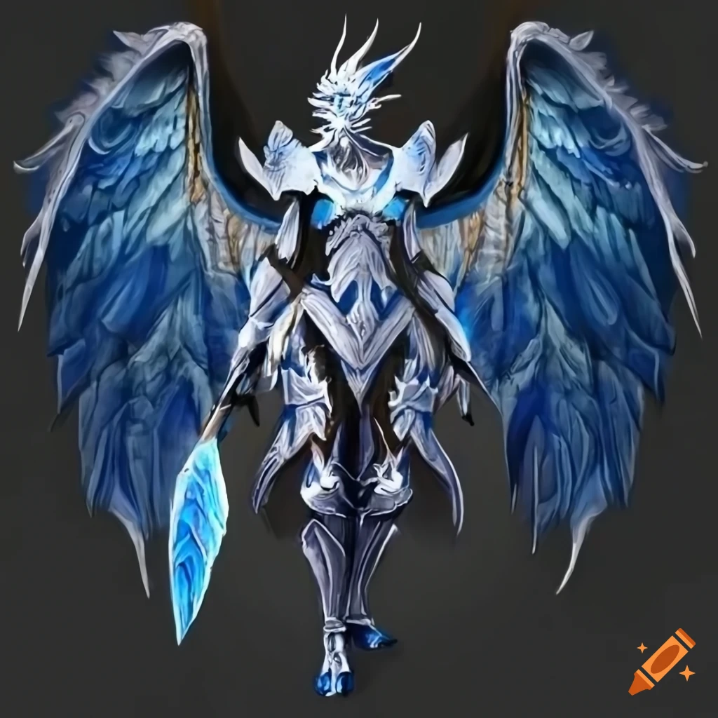 white dragon knight with large indigo blue bat-like wings and golden engravings