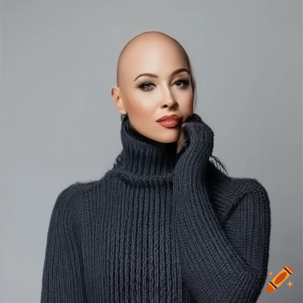 Bald girl posing in a fluffy cableknit turtleneck sweater, three ...