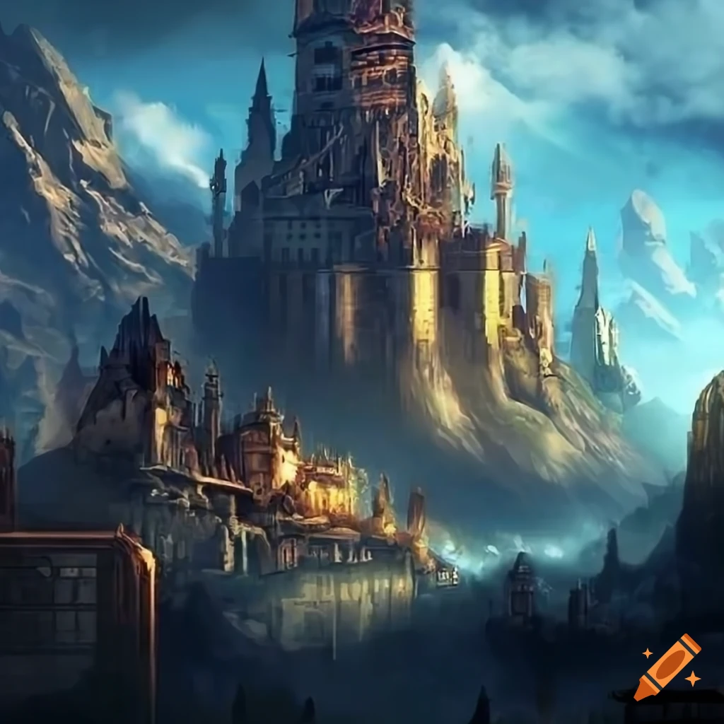 Magipunk Fantasy steampunk city, surrounded by mountains, high fantasy, digital art