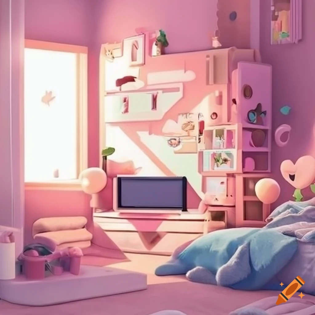 Cozy pastel-themed bedroom in a video game puzzle level