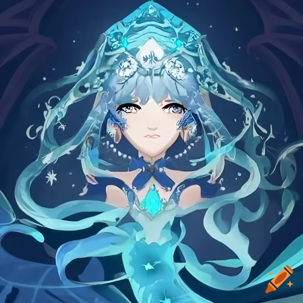 Hydro archon from genshin impact with a transparent umbrella, beautiful