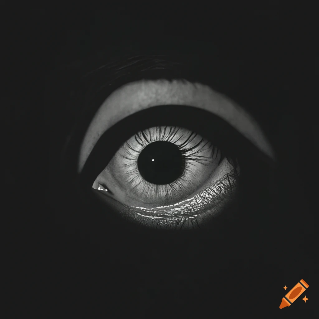 A minimalist black and white screen print of an eye