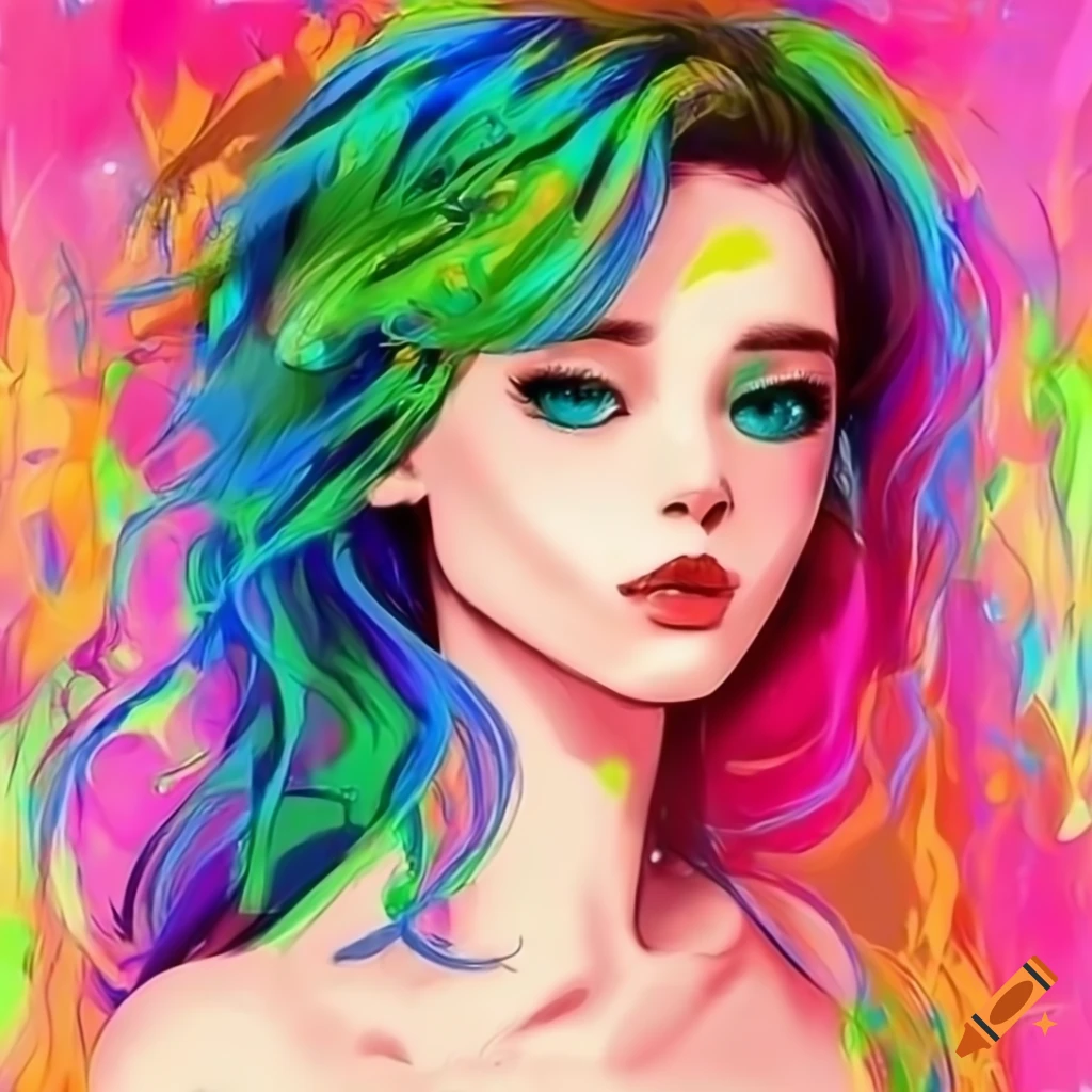Cute nymph, high resolution, acid colors, 60s style