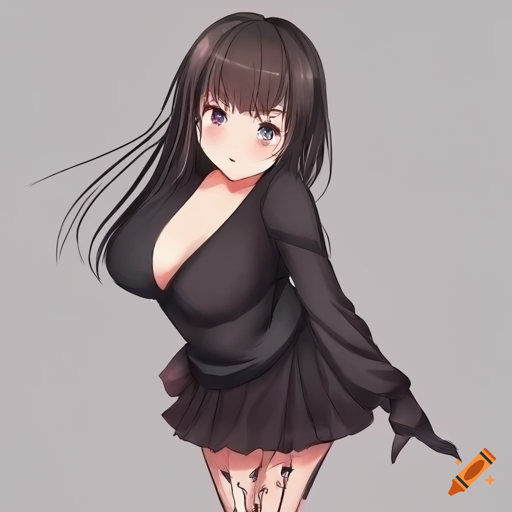 Cute girl, smile, center position, off shoulder, black tights, slouch,  reach legs both side, anime illustration on Craiyon