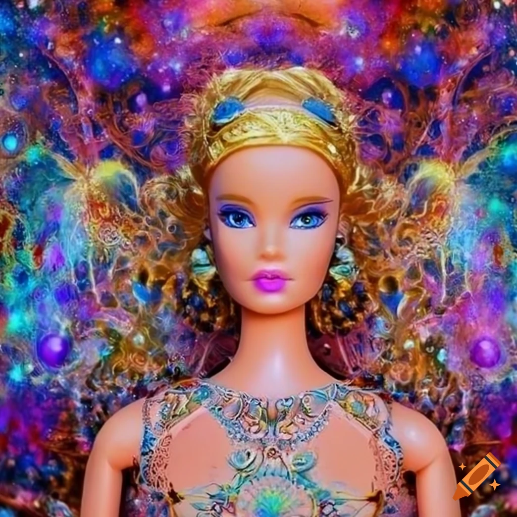 An intricate artistic representation of an angelic barbie doll in her divine feminine energy