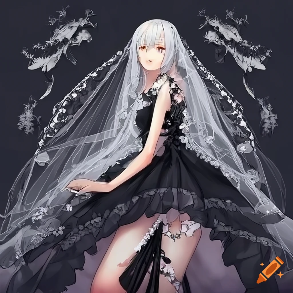 Anime girl with long white hair wearing a black wedding dress and veil