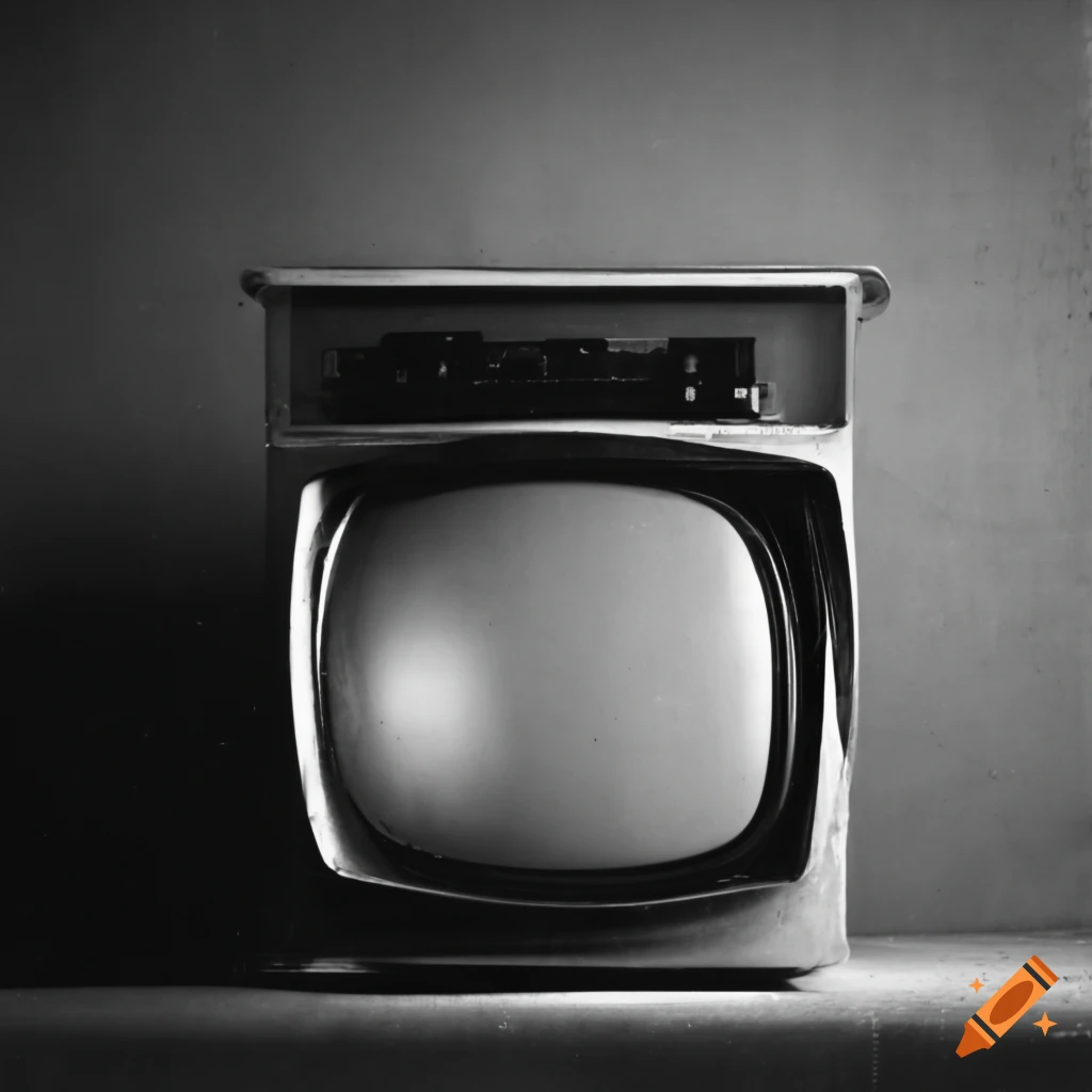 A 1950s black and white television showing an indian test pattern on