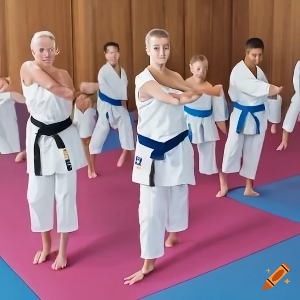 Adult karate students lined up on mats, ready for training on Craiyon