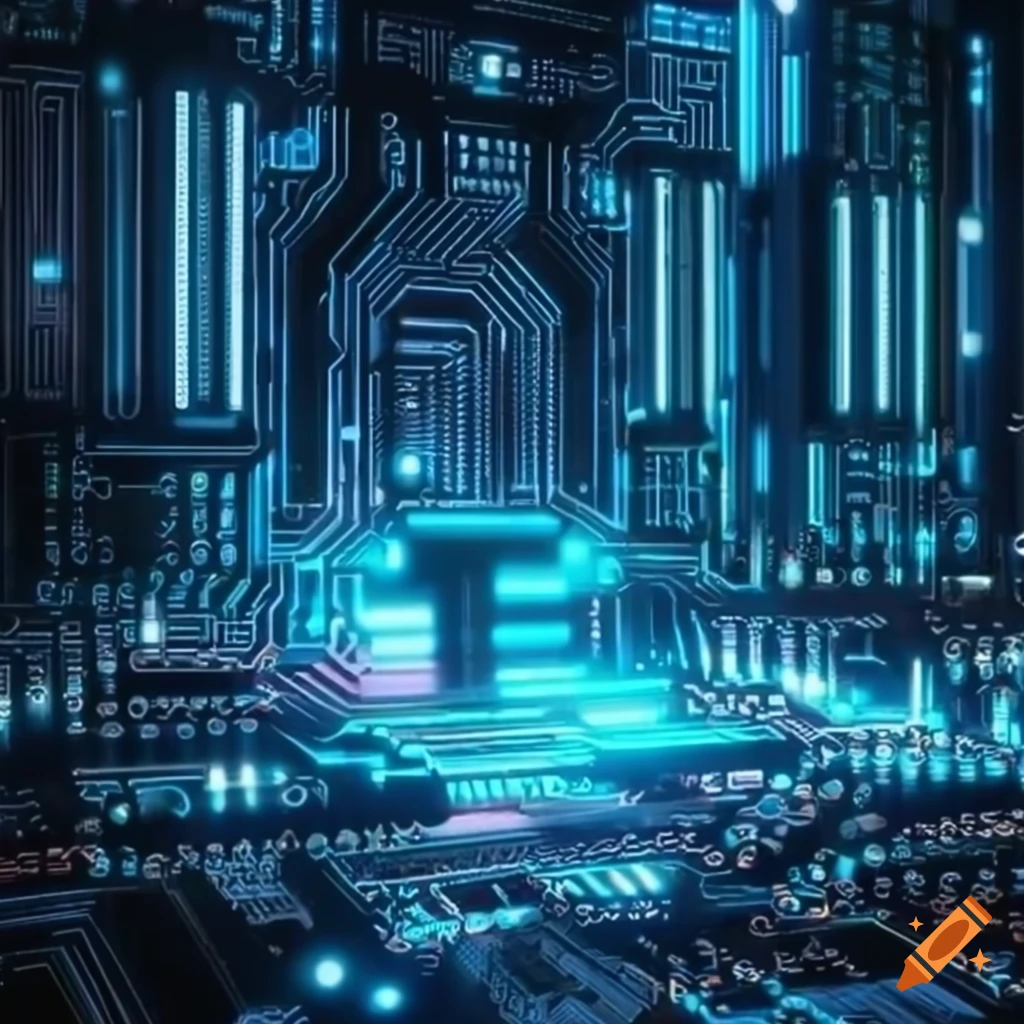 A futuristic AI circuit board with glowing neon lights on Craiyon
