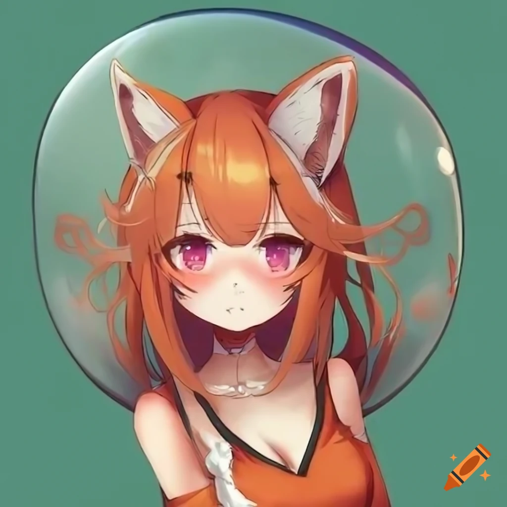 Anime fox girl with her head in a bubble