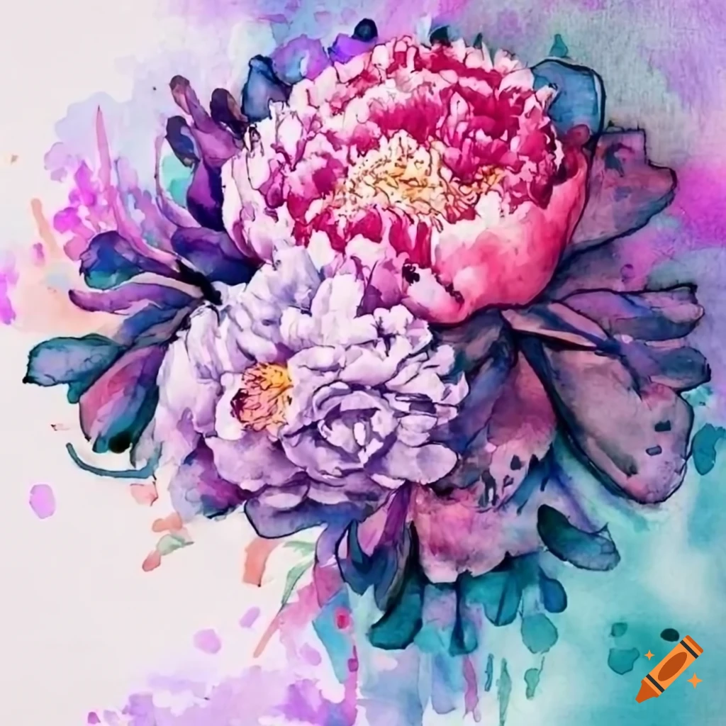 Vibrant bouquet of peonies and lilac flowers with artistic watercolor ...