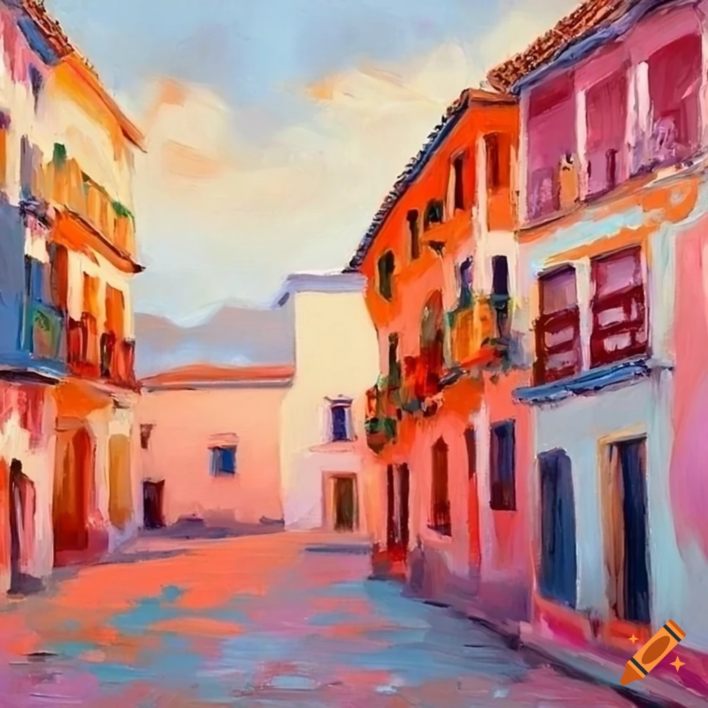 Blue beige, pink and orange painting of Spanish town in impressionist style