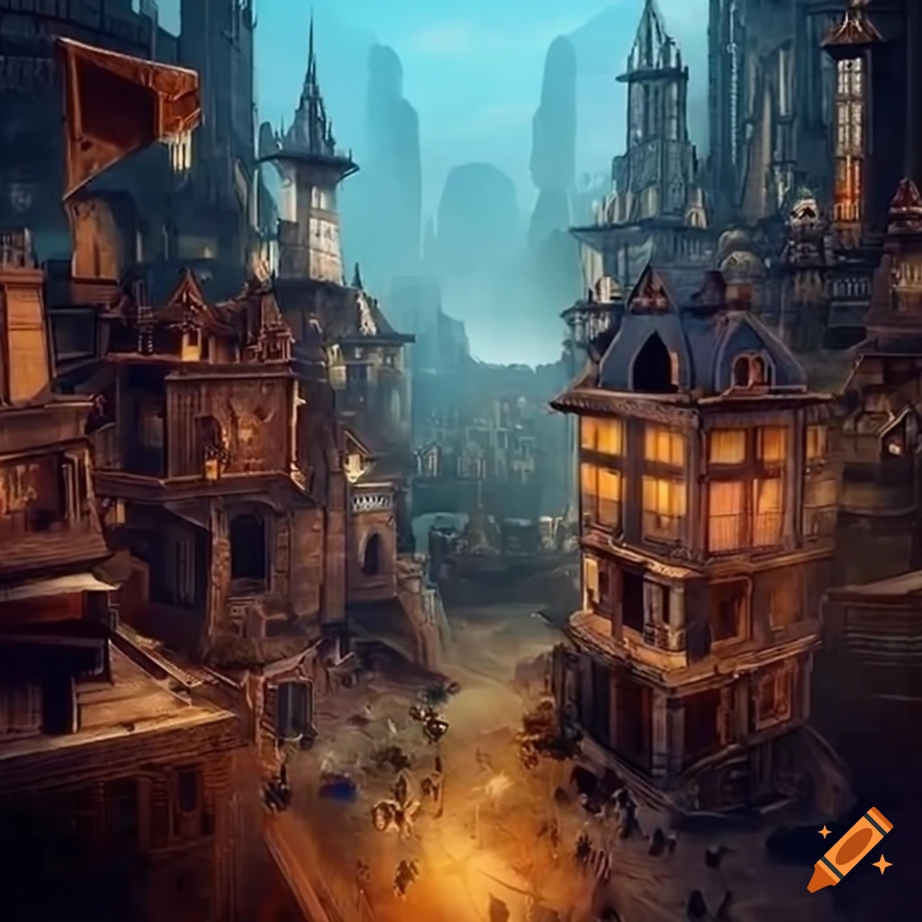 A sprawling steampunk city nestled in the mountains using magical ...