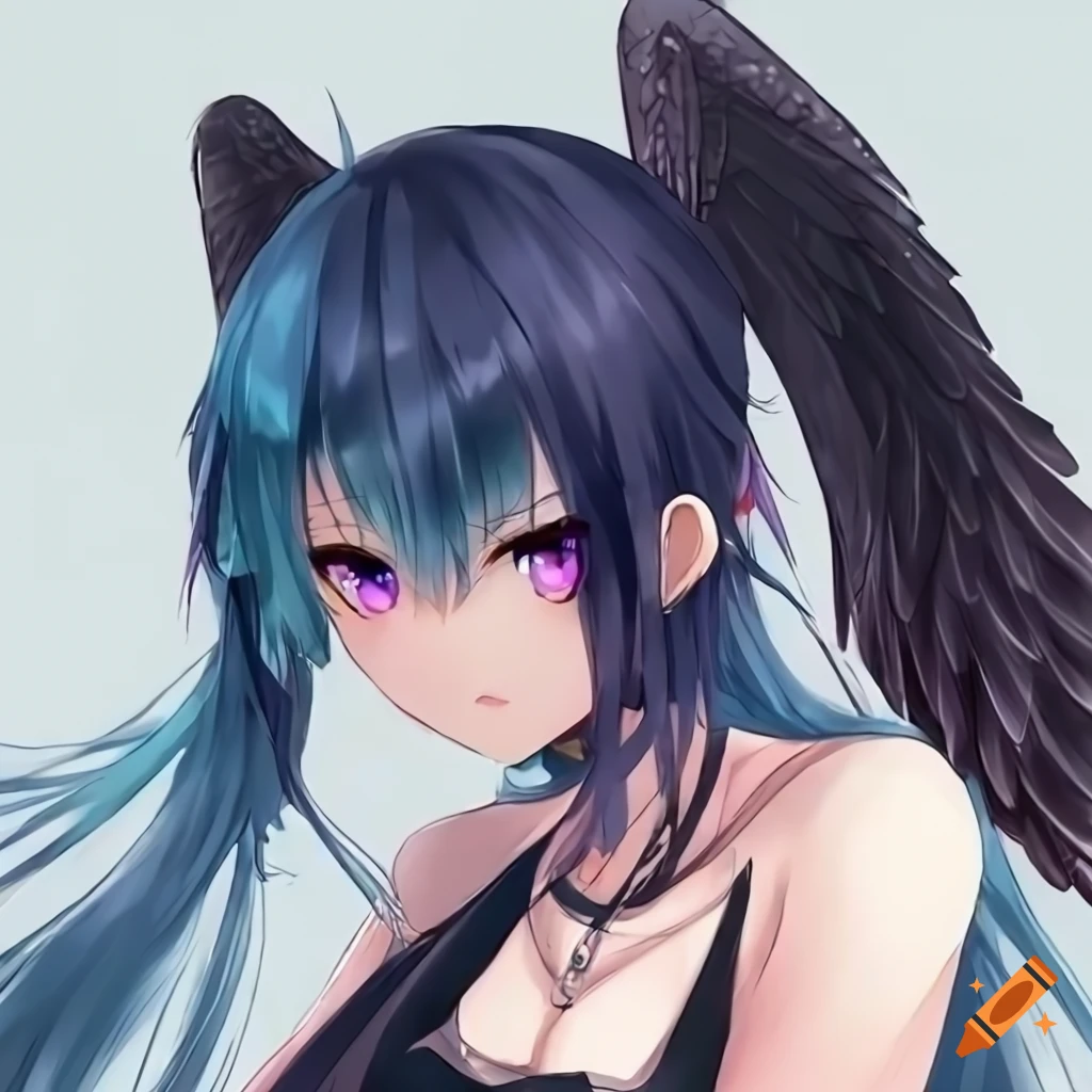 Anime girl with long dark blue hair and purple eyes and 2 black wings  wearing all black