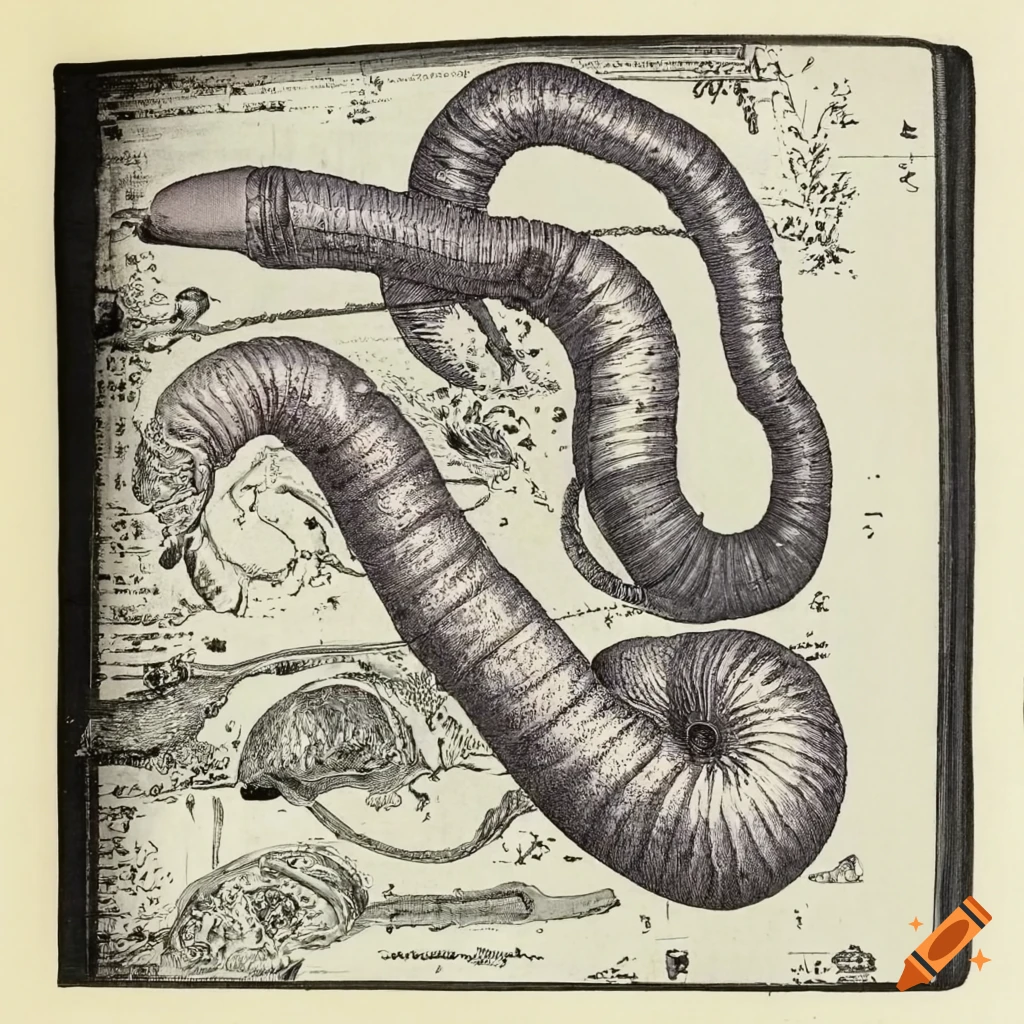 Anatomy of an earthworm ink drawn diagram from a 1950s biology