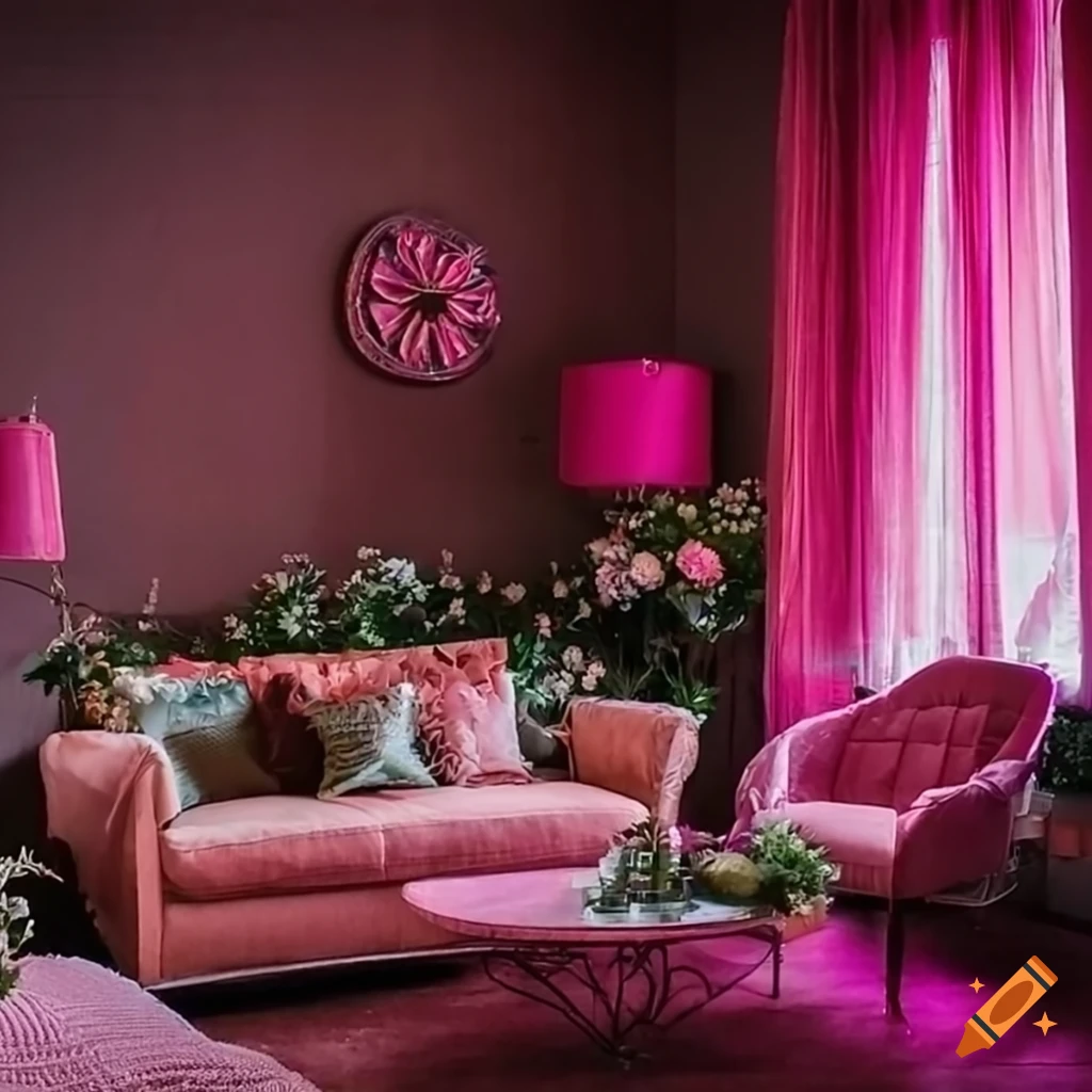 A well-designed living room with pink accents and floral arrangements