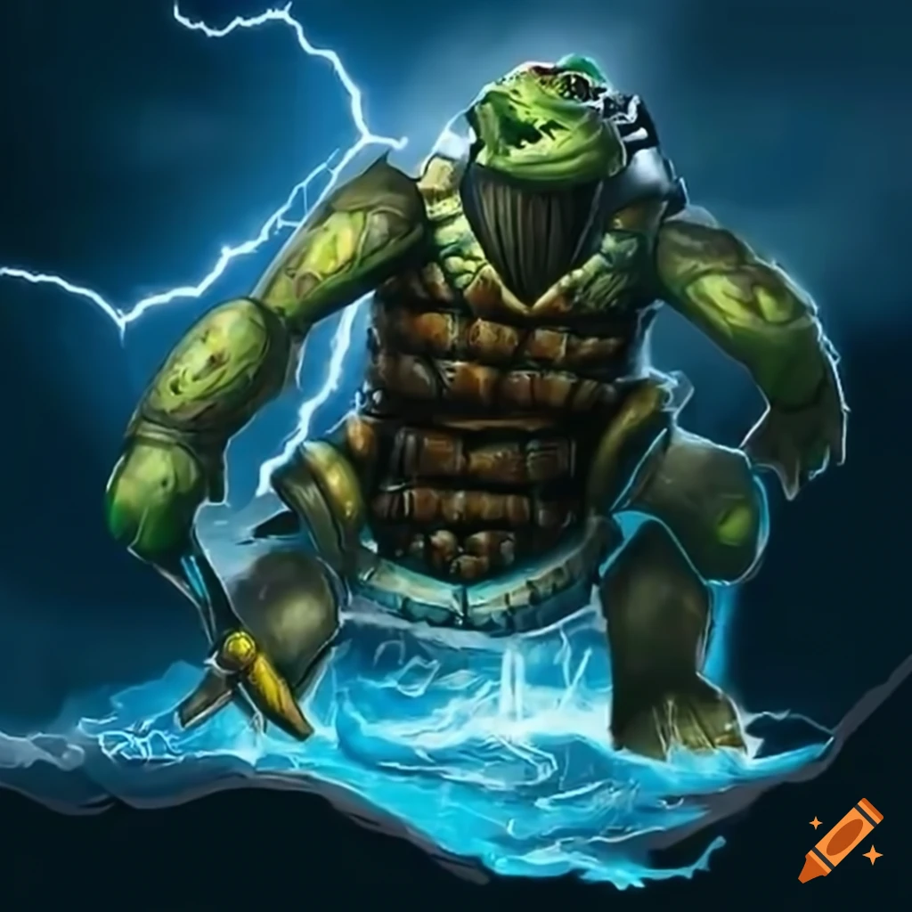 Armored turtle warrior surfer laughing in a lightning storm on Craiyon