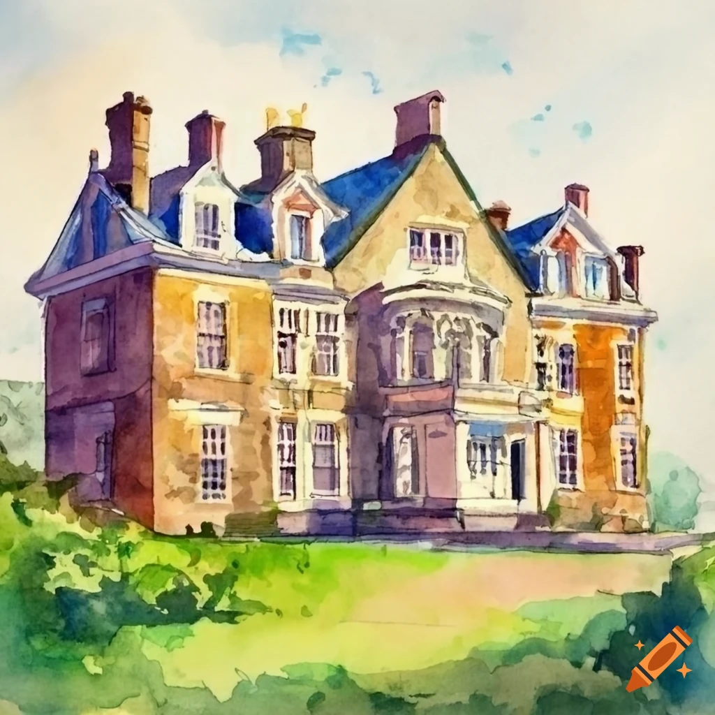 Victorian mansion overlooking british village in a valley watercolor on ...
