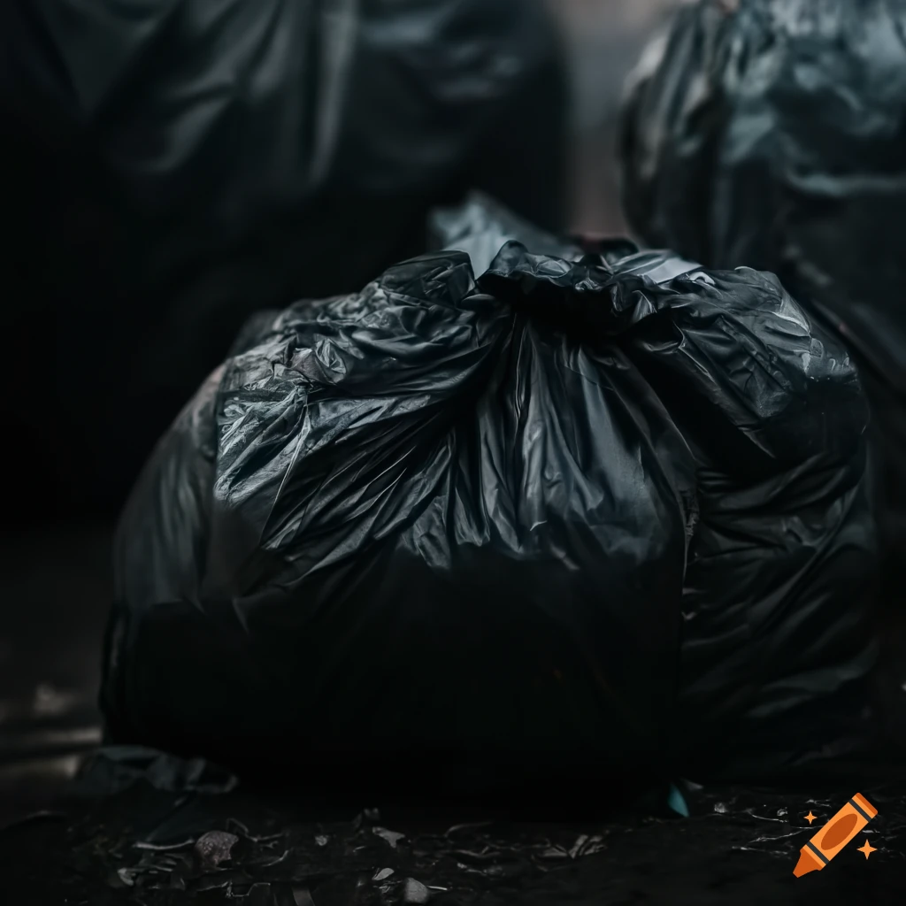 Black plastic garbage bags on the ground waiting for recycle