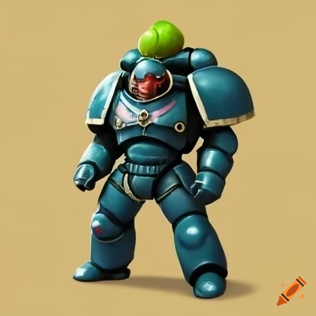 Pokemon style warhammer 40000 space marine with bulbasaur head on