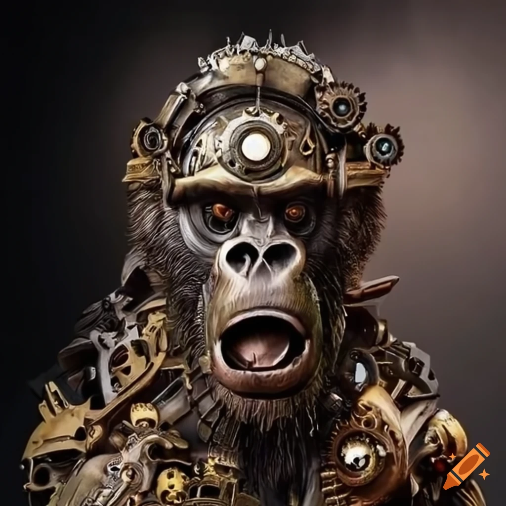 A stunning mechanical gorilla adorned with intricate steampunk details