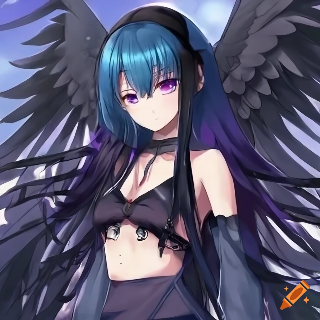 Anime girl with long dark blue hair and purple eyes and black wings wearing  all black