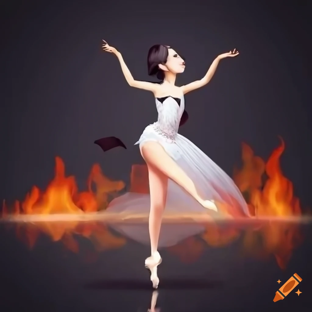ballerina girl dressed in white. she has with a black ribbon in hair. she is dancing on a lake made of fire. done in a semi realistic style ;1080p