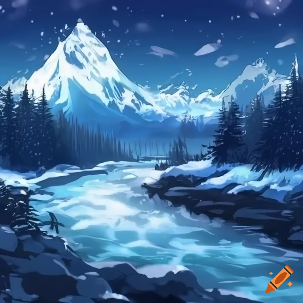 anime style snowy mountain in a blizzard...