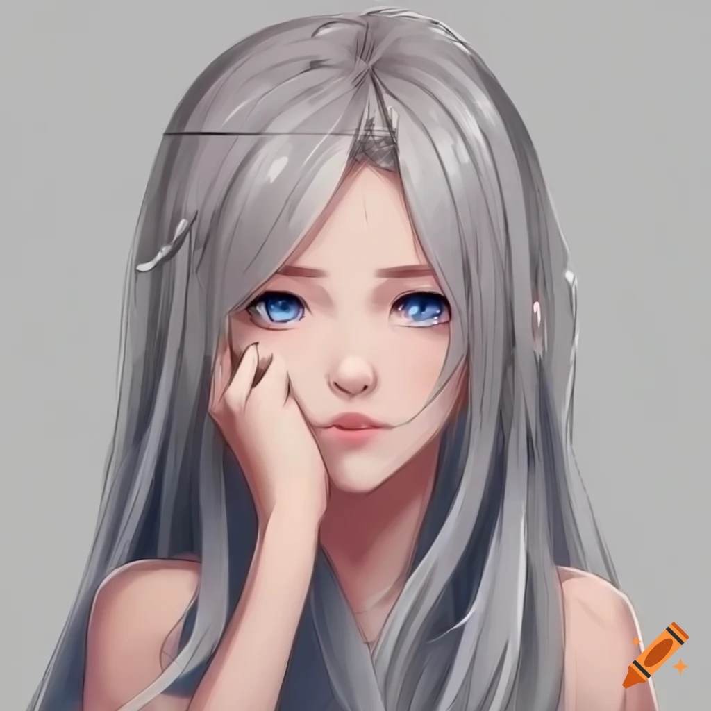 Anime Asian Girl With Long Grey Blond Hair And Deep Strong Blue Eyes She Have A Porcelain White 6556