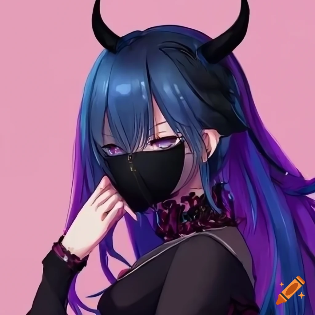 Anime girl with long dark blue hair and purple eyes and 2 black wings  wearing all black