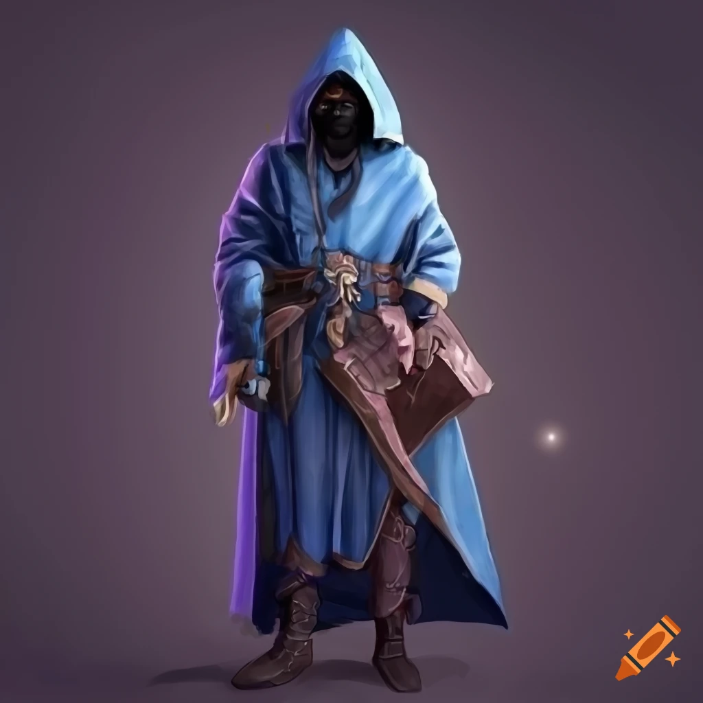 My dnd character, a traveling merchant dressed in deep blue hooded
