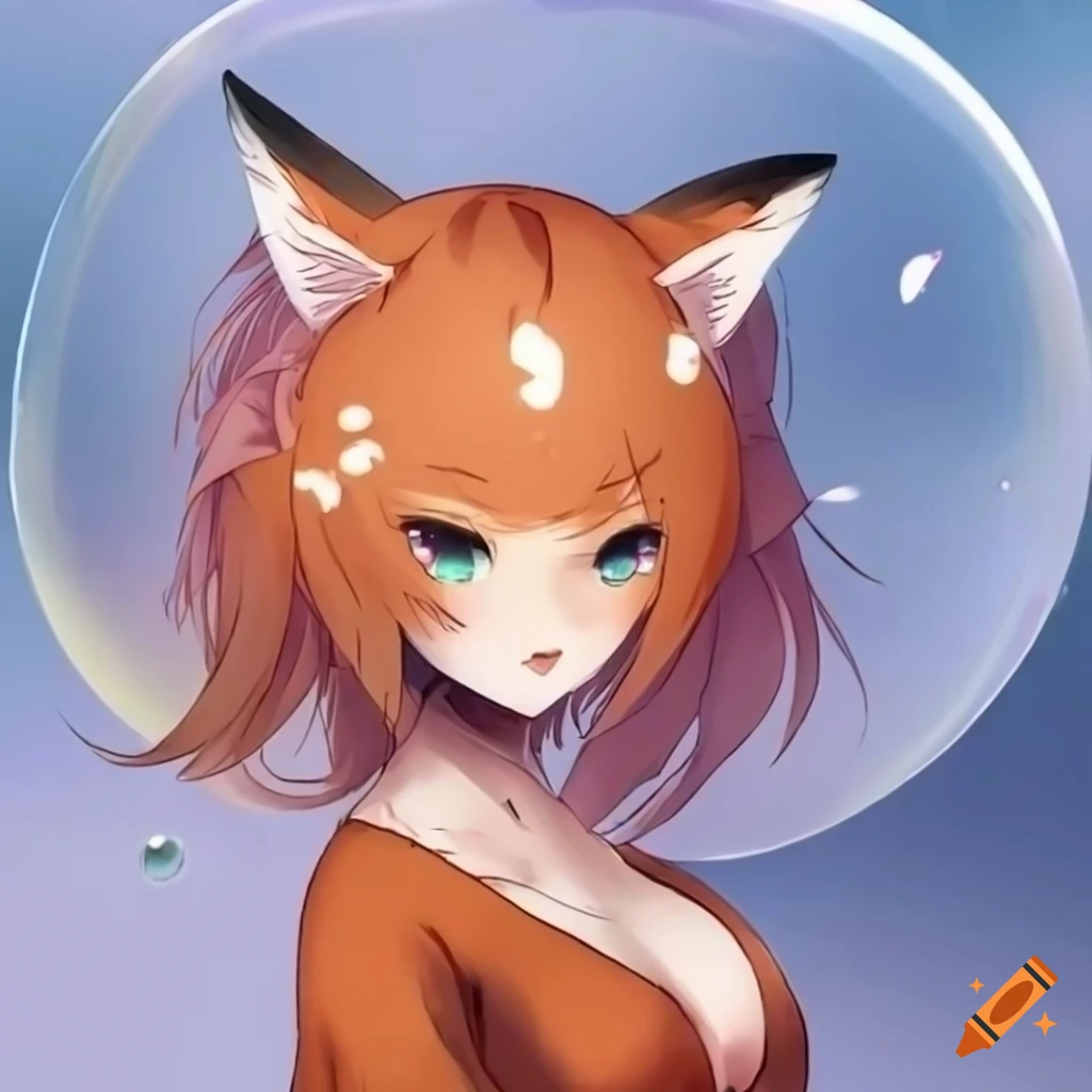 Anime fox girl with her head in a bubble