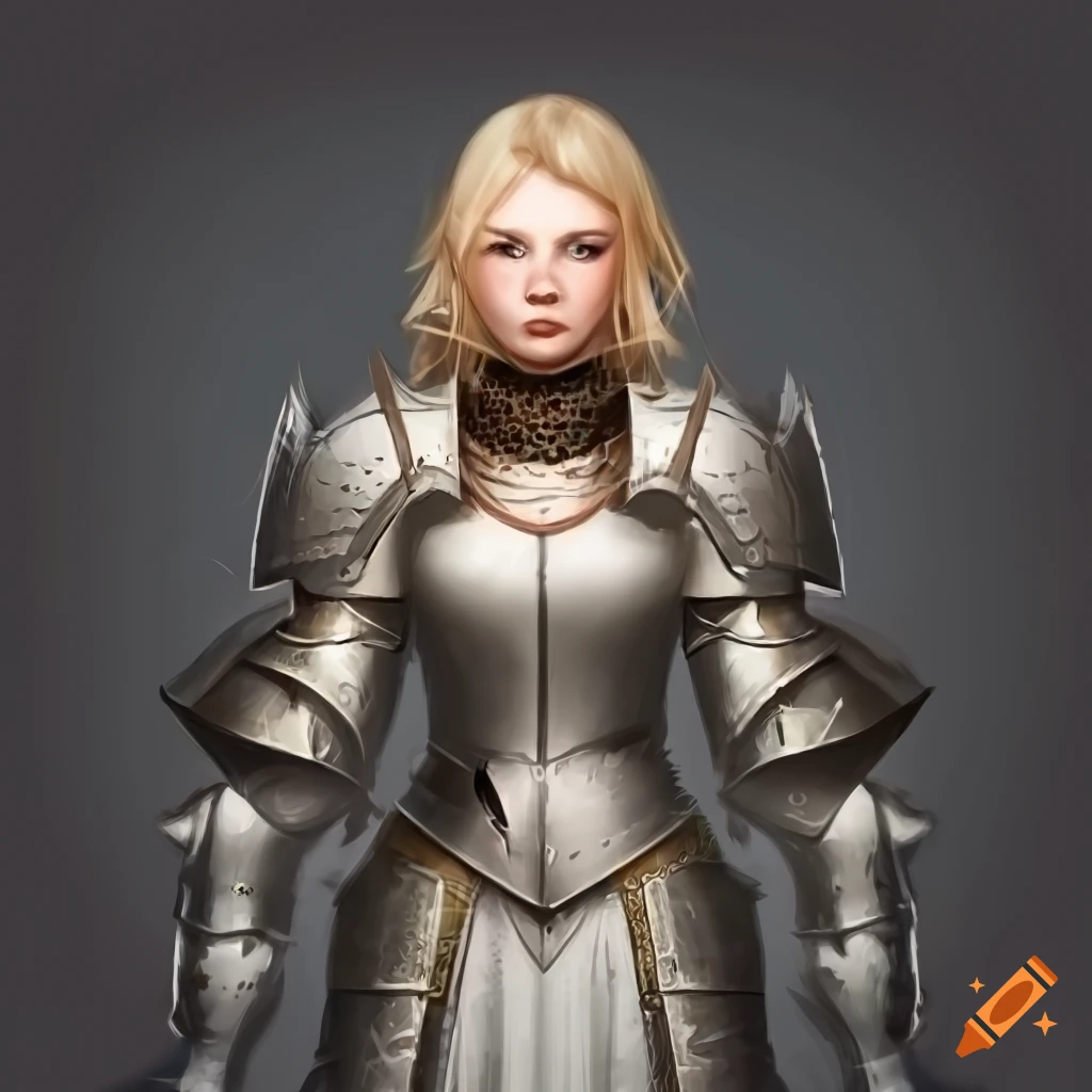 A female knight with blonde hair and freckles with thicker hair on the ...