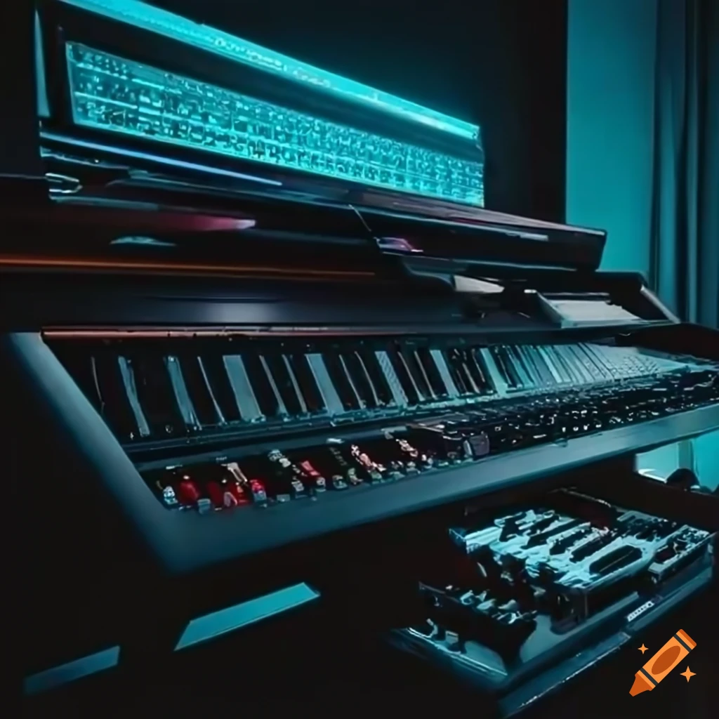 Professional music production setup with midi keyboard, monitor speakers,  and pc screen