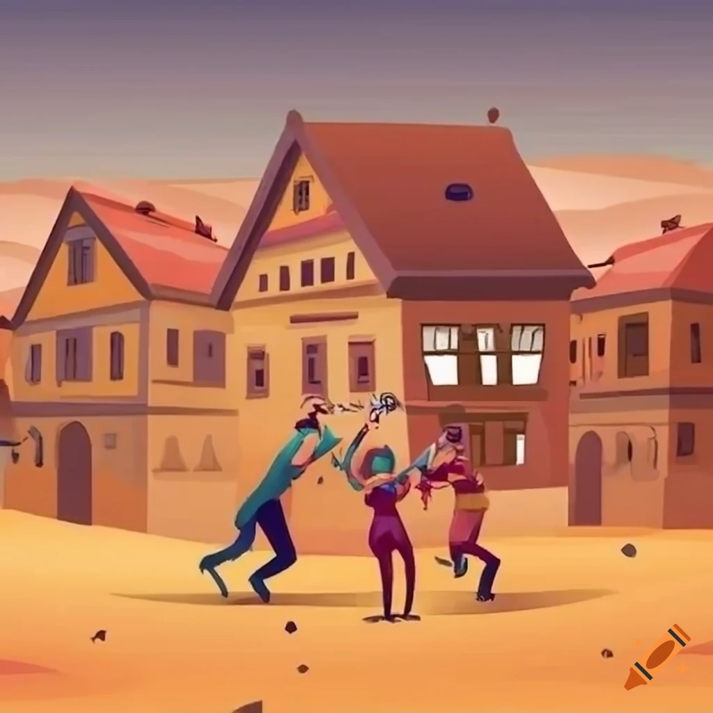 2 people in cartoon style fighting in the middle of desert with old
