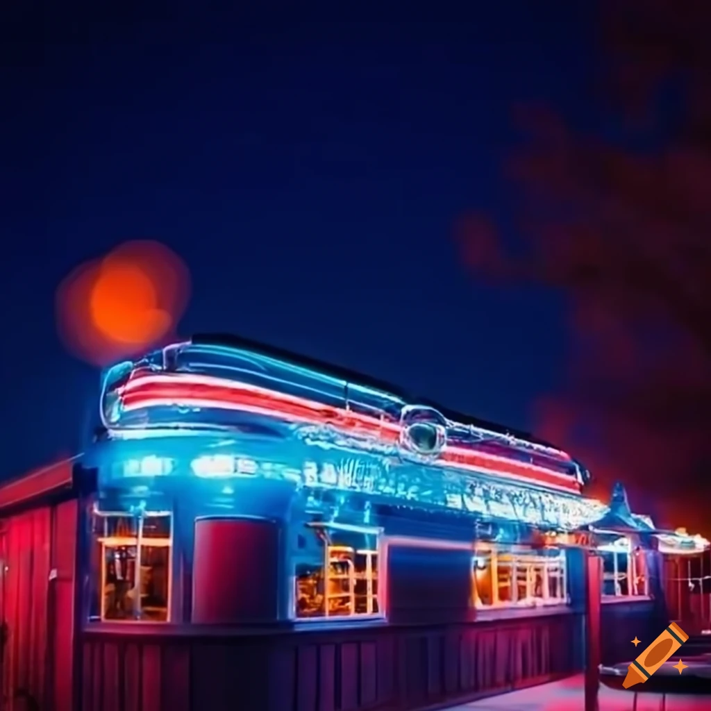 A classic diner glowing under the twilight sky on Craiyon