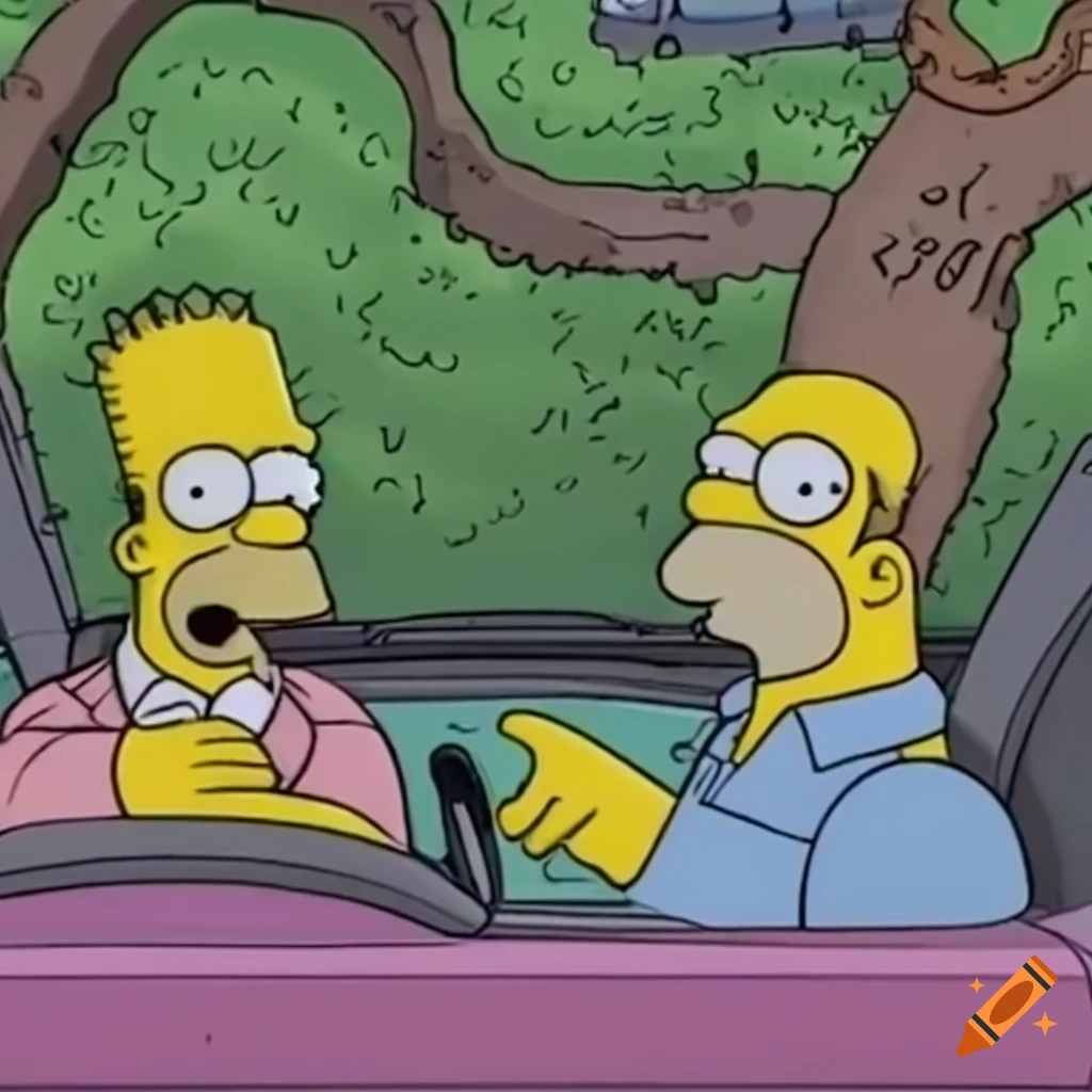 Homer simpson almost drives into tree in his pink car