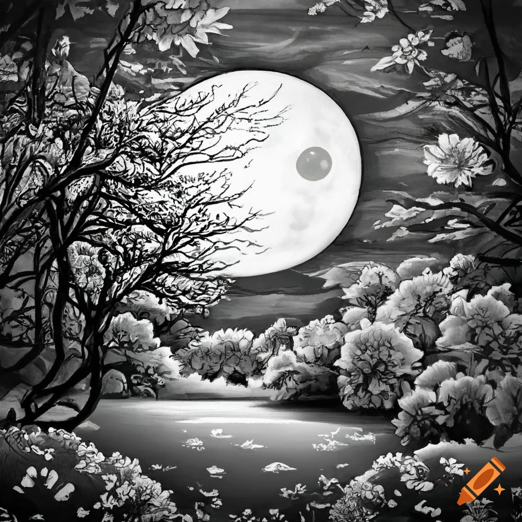 Trees and flowers in moonlight