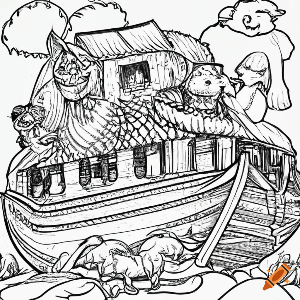 Noah's Ark with Animals Going in Two by Two Coloring Page · Creative Fabrica