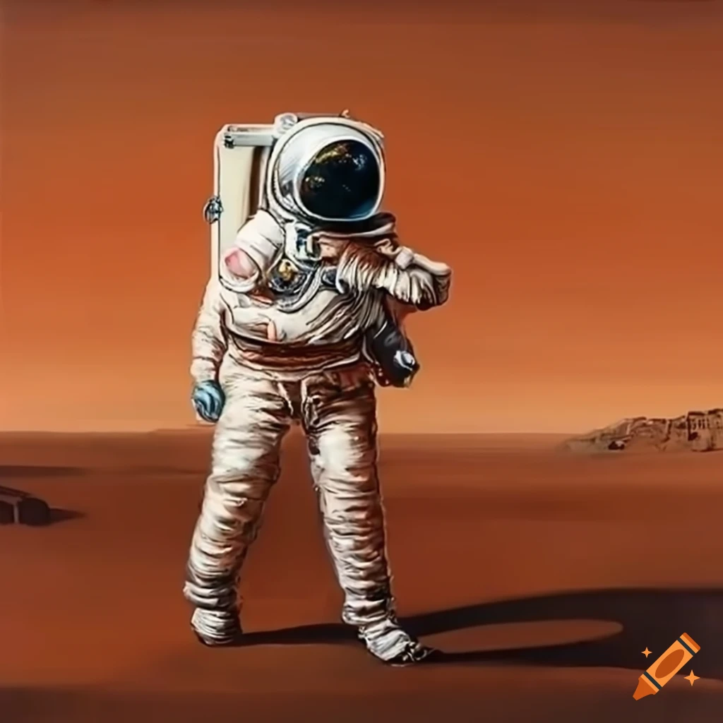 An artistic rendition of a astronaut exploring the martian landscape