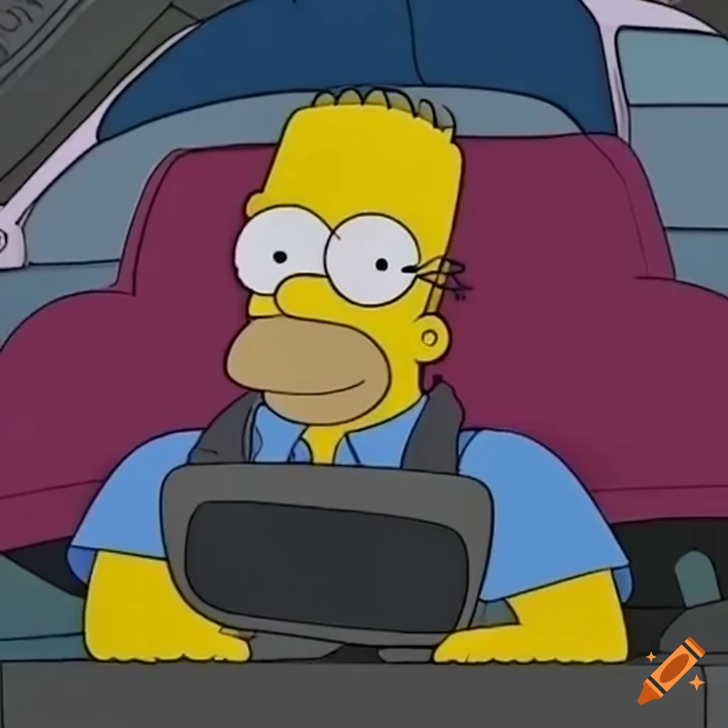 Homer simpson crashes into his own car in a funny mishap on Craiyon