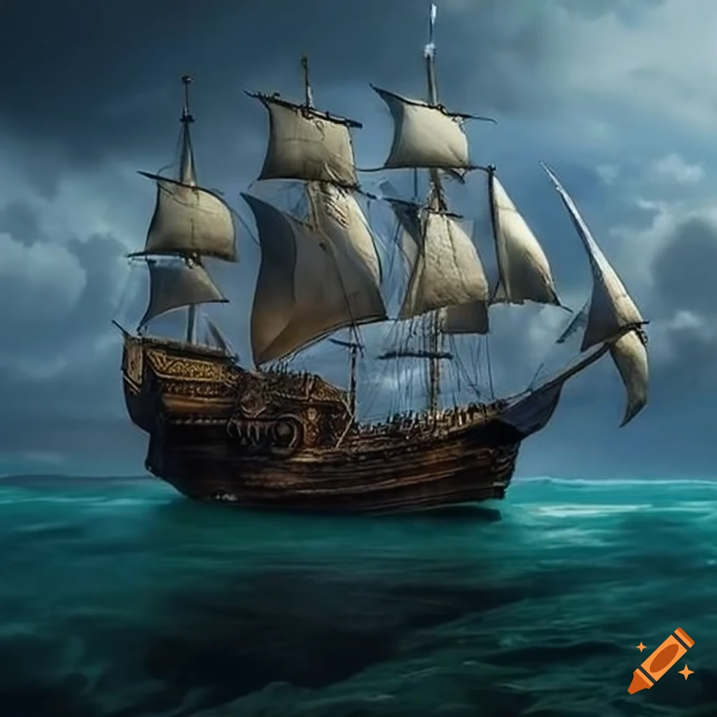A majestic pirate ship about to sail into the eye of the storm on