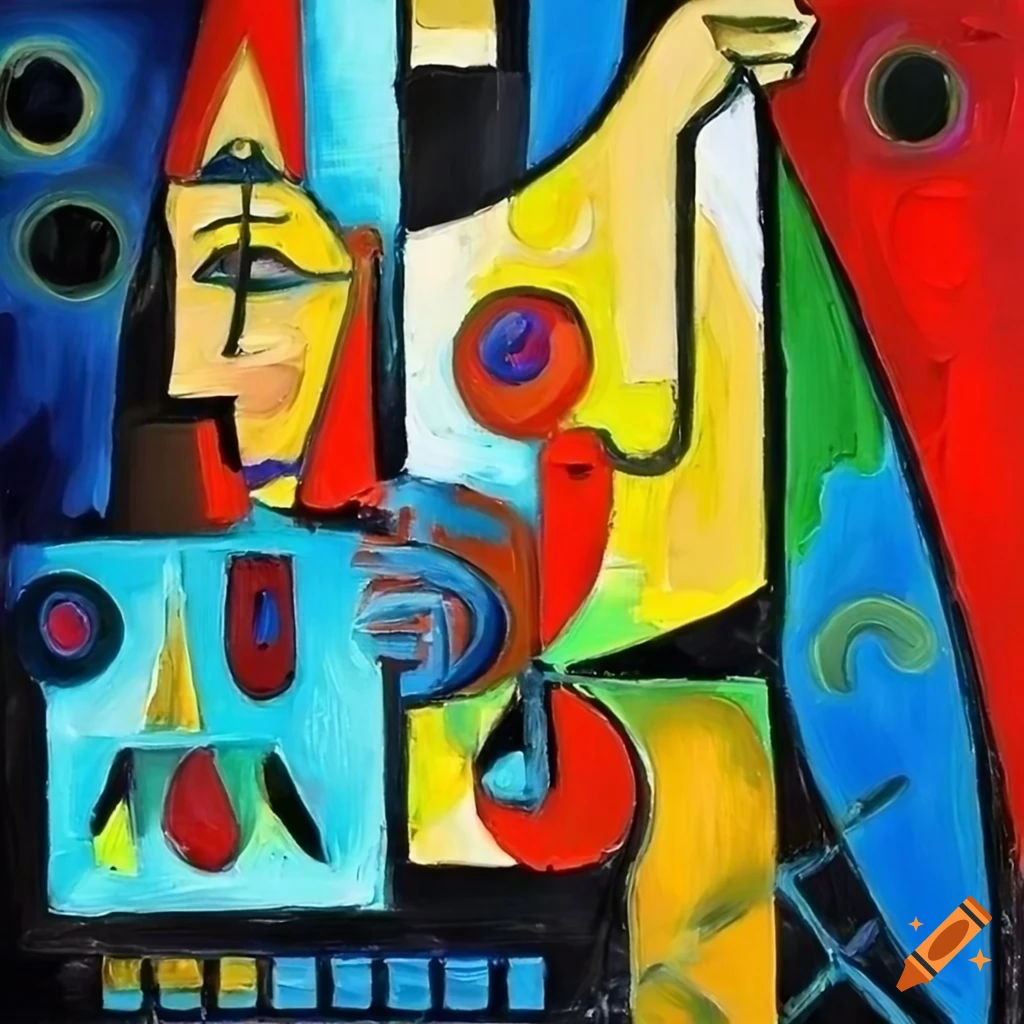 Kandinski picasso mix style abstract oil painting of keyboard player